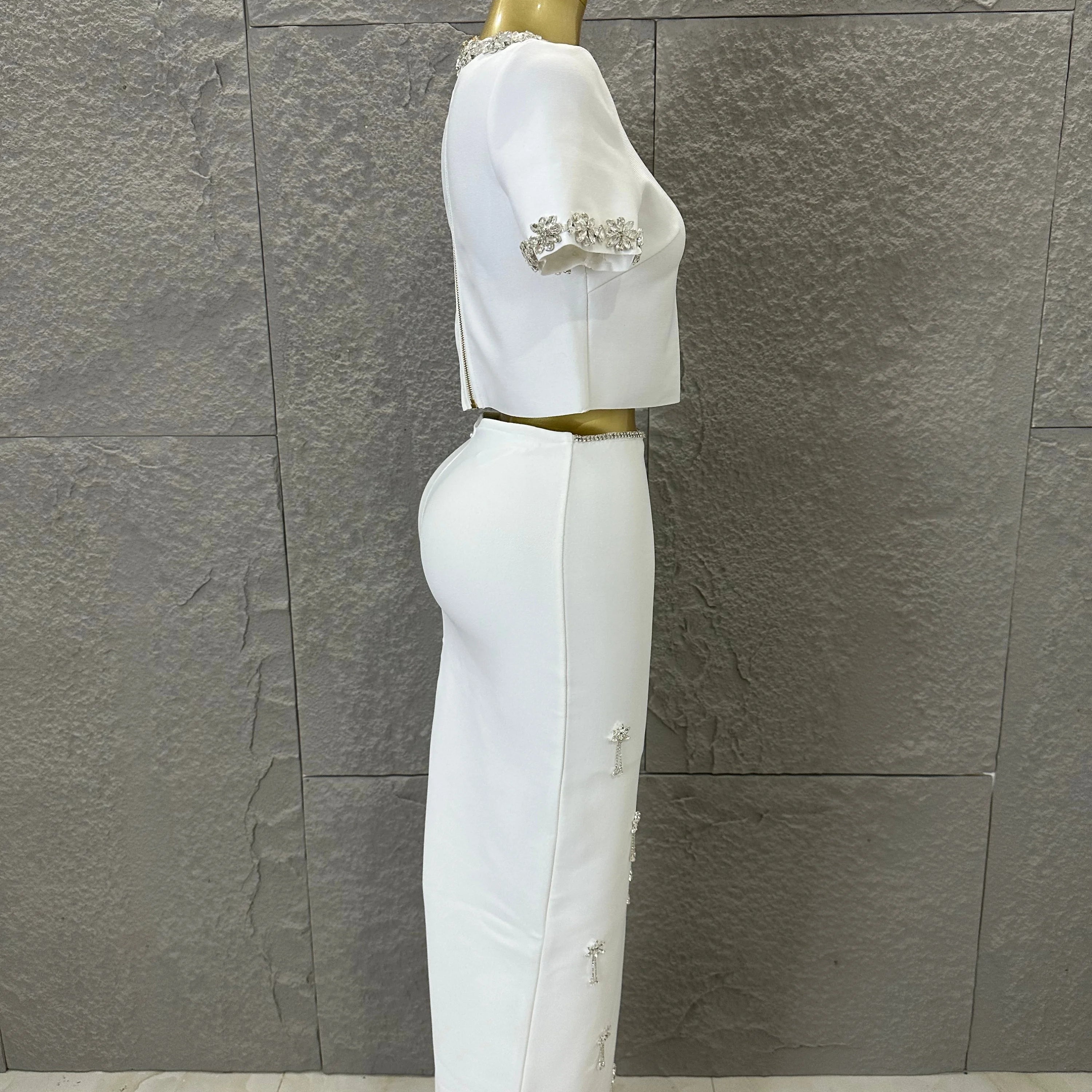 Black White Two Piece Set Women Elegant Short Sleeve Beaded Crop Top High Waist Pencil Midi Skirt Formal Suit