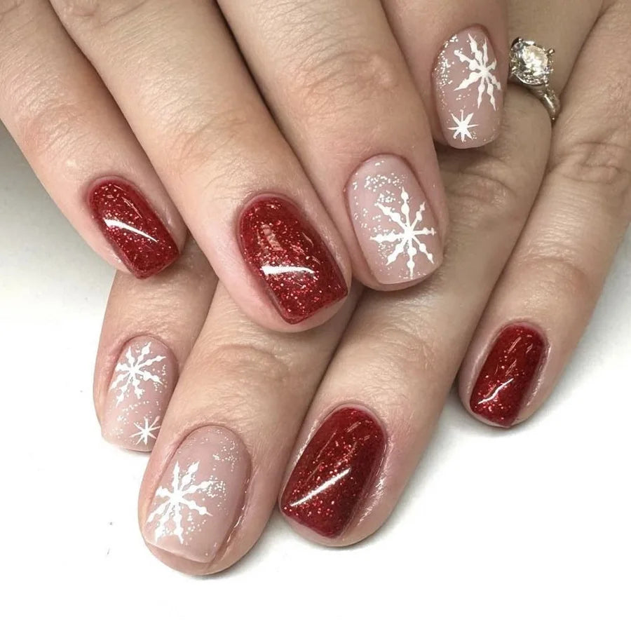 24Pcs Christmas French Fake Nail with Snowflake Design Glitter Pink Full Cover Nail Tip Xmas Short Wearable Press on False Nails 672