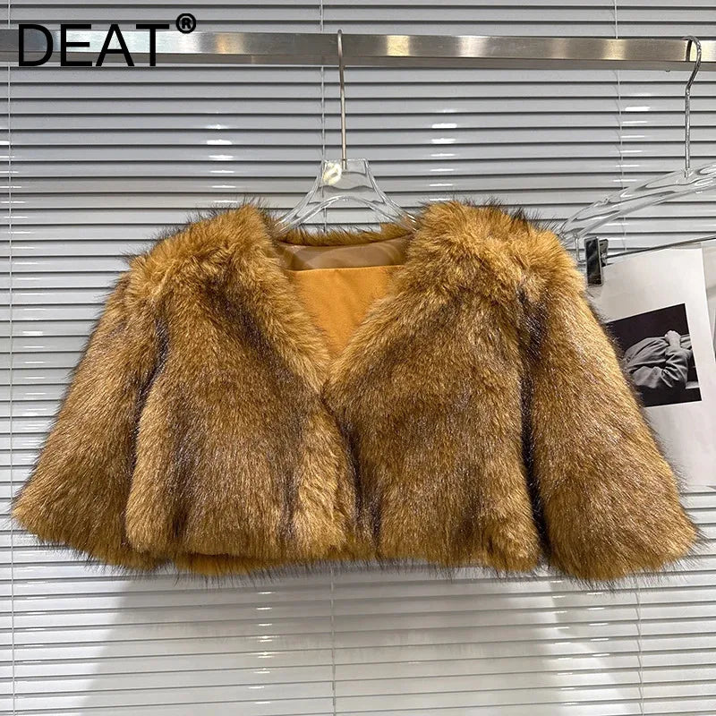 Winter New Style Fashion Faux Fur Short Coat Shawl For Women Solid Color V-neck High Waist Tops Female 11A07686