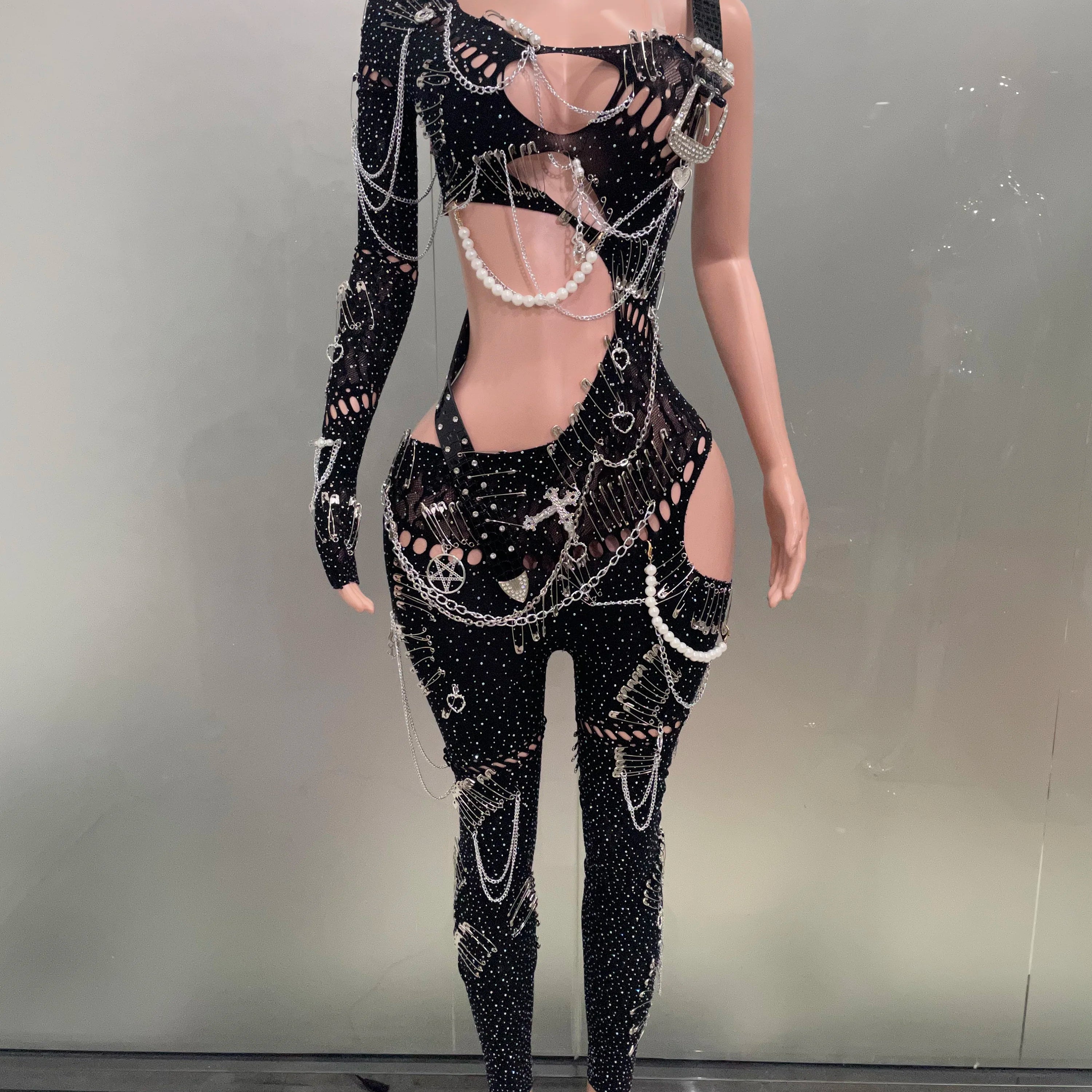 Sexy Shining Pearl Chain One Shoulder Hollow Out Jumpsuit 2025 New Women Birthday Party Nightclub Singer Performance Stage Wear black
