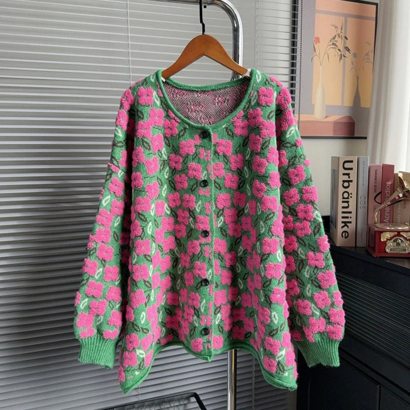 Autumn Winter New Heavy Jacquard Knitted Cardigan For Women Casual Loose High-End Lazy Style Sweater Coat 11A07748 Green One Size