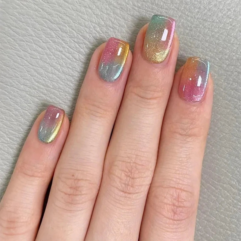 24Pcs Gradient Color Fake Nail Simple Short Ballet Wearable False Nails with Cat Eye Design Press on Nails Full Cover Nail Tips 13