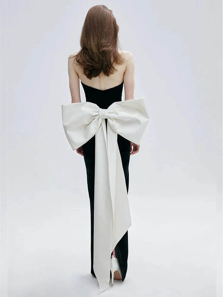 Women Celebrity Sexy Strapless Bow Tie Patchwork Black Maxi Long Bodycon Bandage Dress 2025 Elegant Evening Club Party Dress black
