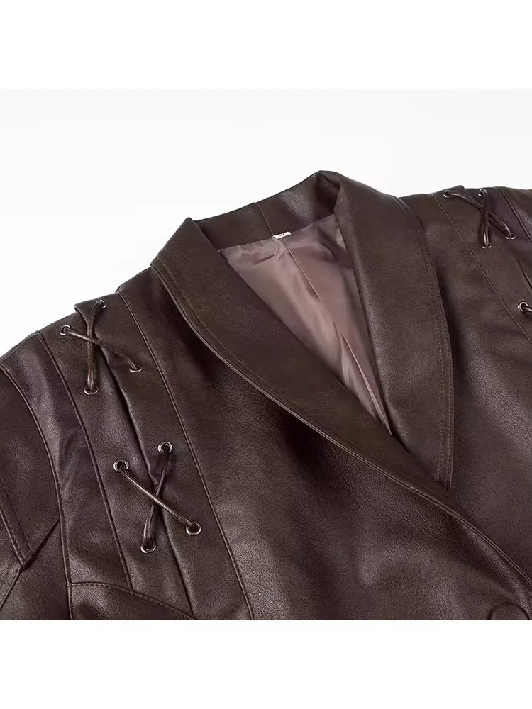 Lautaro Spring Distressed Brown Short Asymmetrical Pu Leather Jacket Blazer Women Retro Vintage Fashion Luxury Designer Clothes