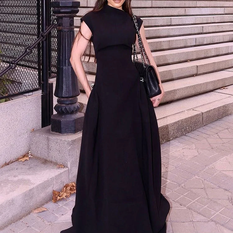 Casual Dress For Women Asymmetrical Collar Sleeveless High Waist Metal Button Pin Embellished Elegant Cocktail Party Wear