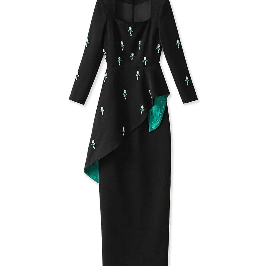 Colorblock Spliced Bead Luxurious Two Piece Sets for Women Square Neck Long Sleeves Top High Waist Skirt Set Female BLACK