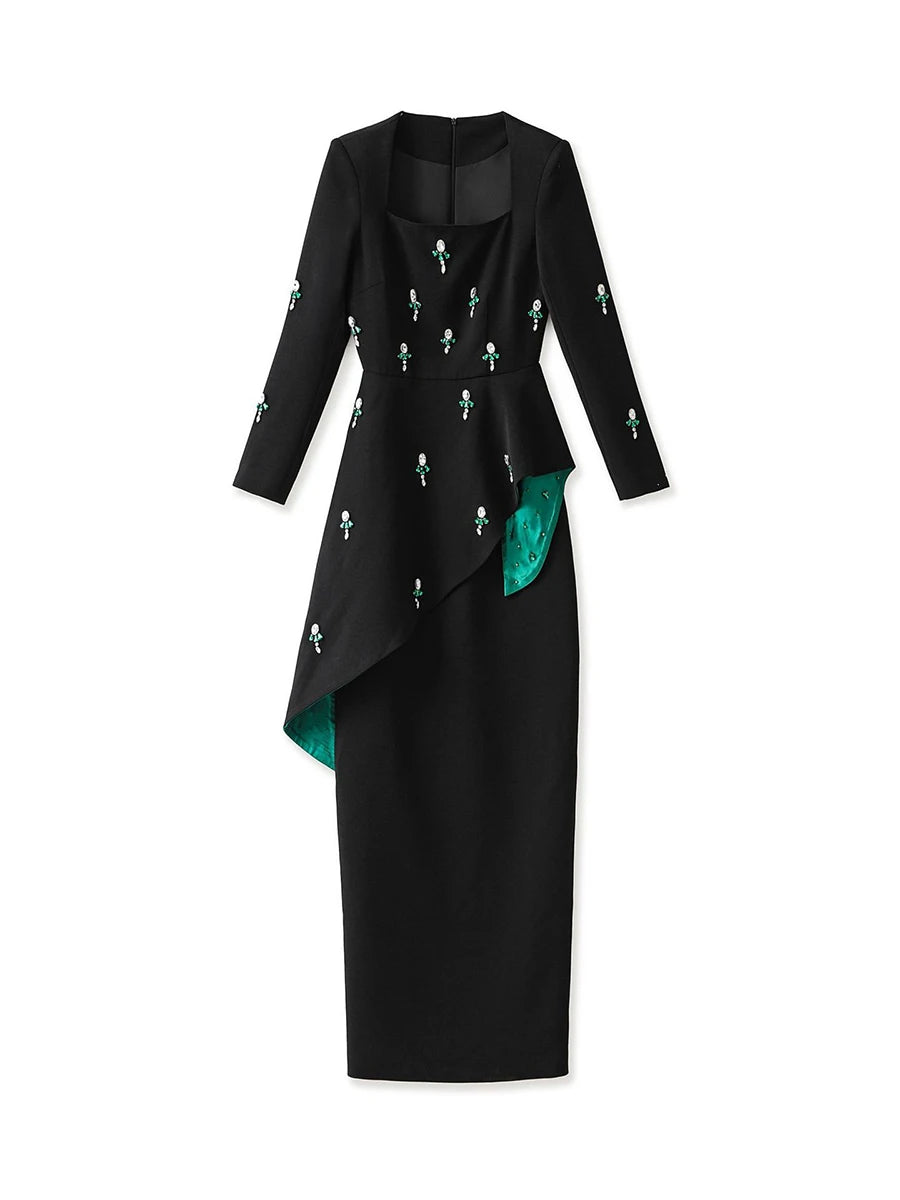 Colorblock Spliced Bead Luxurious Two Piece Sets for Women Square Neck Long Sleeves Top High Waist Skirt Set Female BLACK