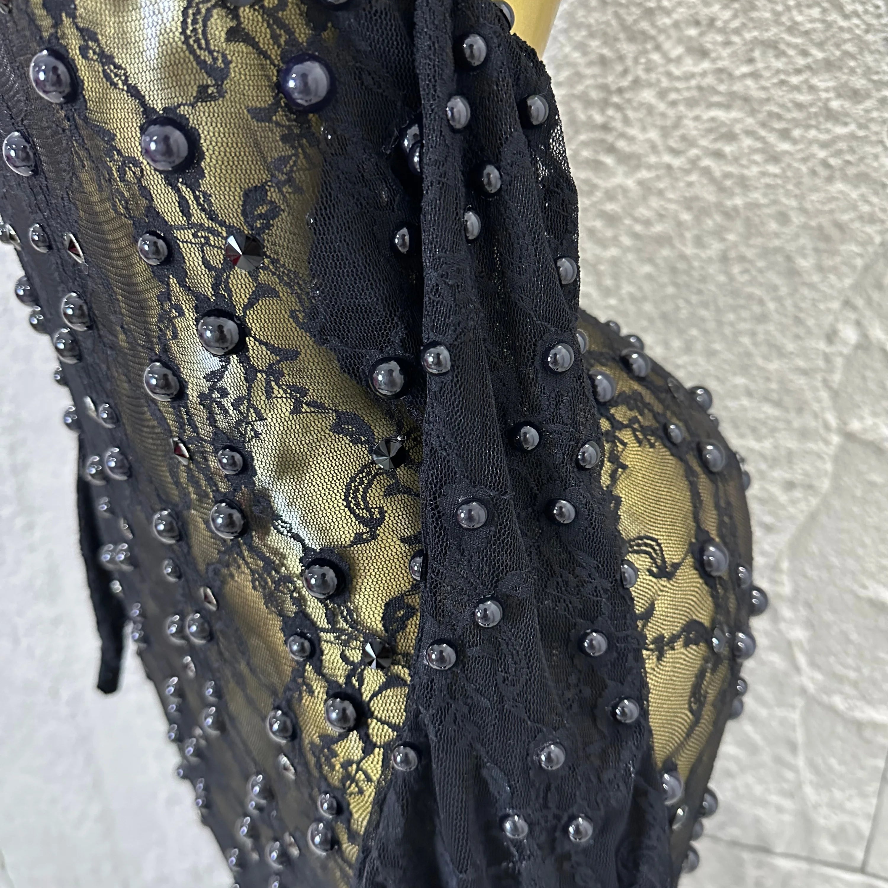 Black Opulent Halter Neck Maxi Sheer Mesh Beaded Lace Dress Form-Fitting Outfit Nightclub Party Evening Gala Costume