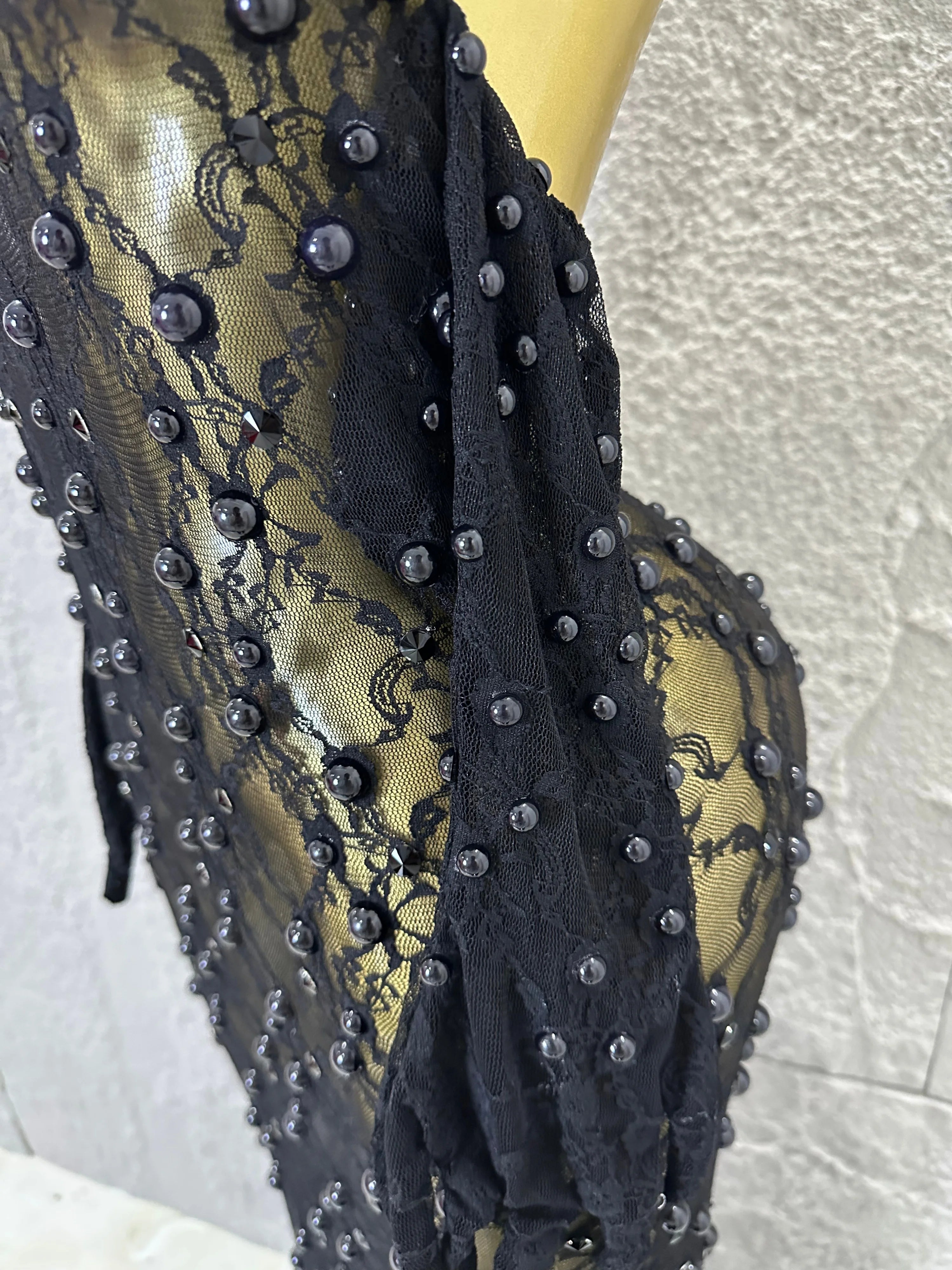 Black Opulent Halter Neck Maxi Sheer Mesh Beaded Lace Dress Form-Fitting Outfit Nightclub Party Evening Gala Costume