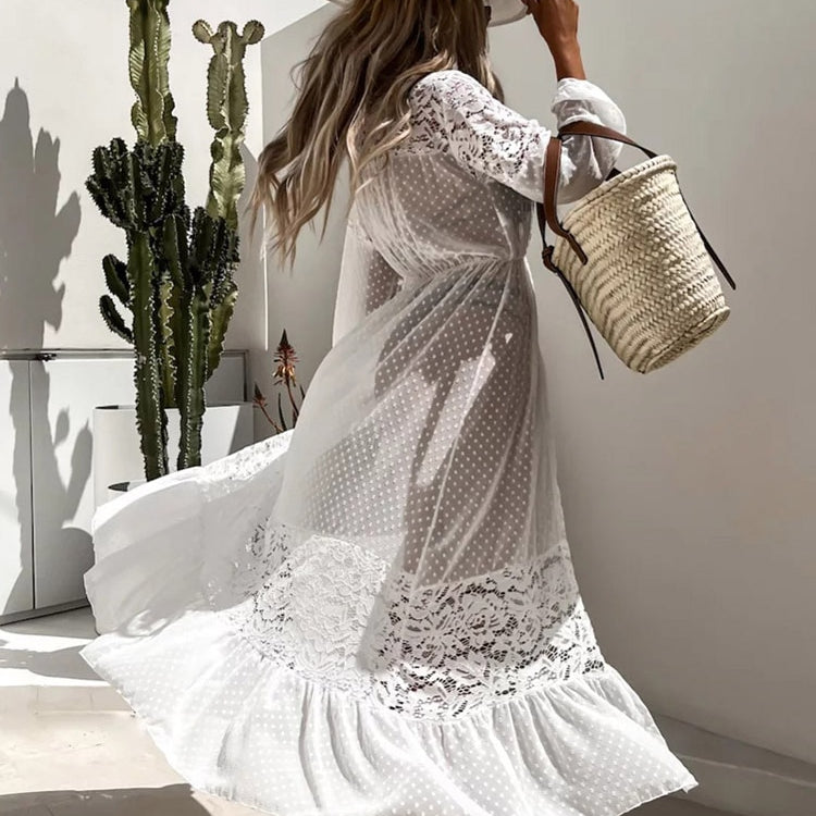 Sexy Lace Swimwear Cover-ups Pareo Beach Dress Kimono Tunic Long Sleeve Cape Beachwear White One Size