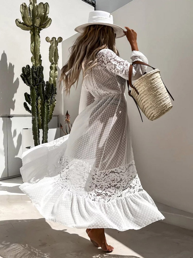 Sexy Lace Swimwear Cover-ups Pareo Beach Dress Kimono Tunic Long Sleeve Cape Beachwear White One Size