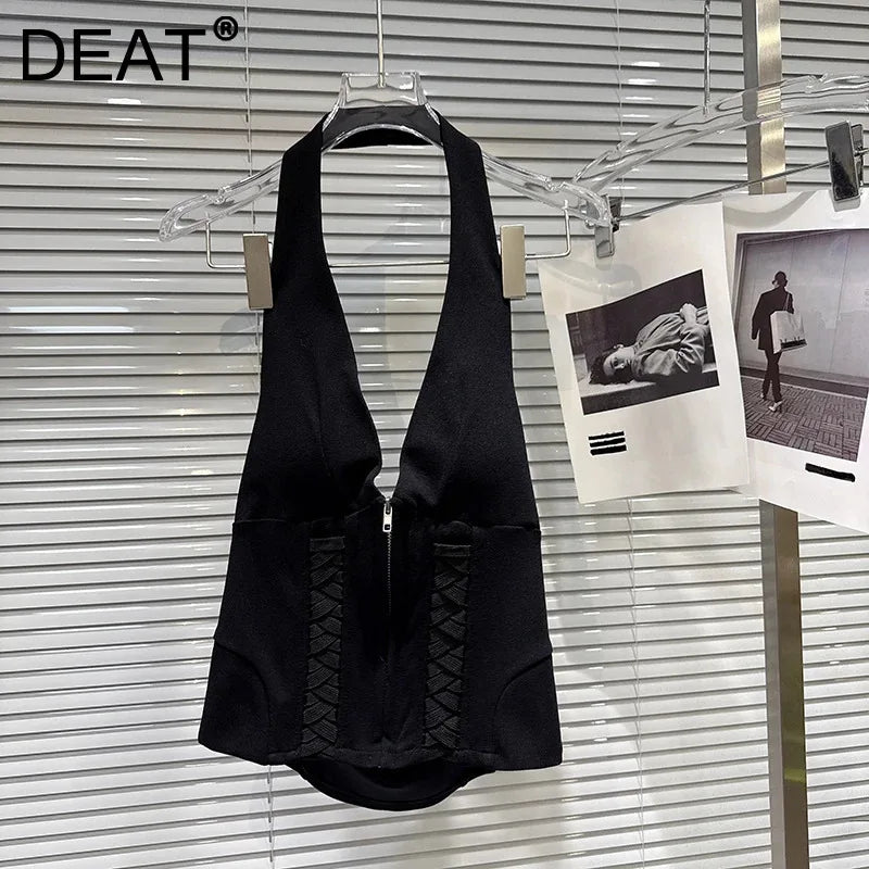 Winter New Fashion Drawstring Strap Design Backless Slim Chest Pad Halter Top For Women Solid Color Vest 11A07940
