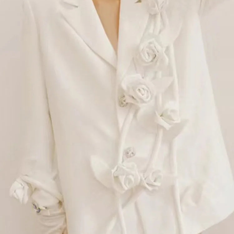DEAT Fashion Women's Blazer Notched Collar Loose Diamonds Buttons Spliced Flower White Suit Jackets summer New 17A7225