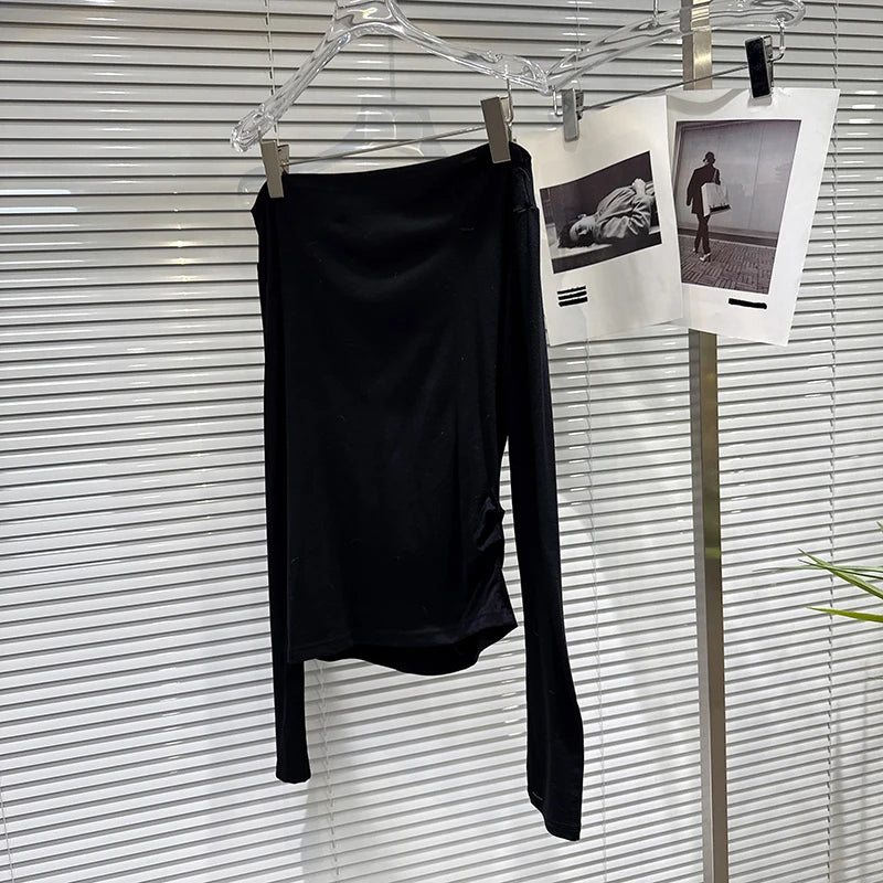 Winter New Sweet Fashion Pearl Rhinestone Hot Rhinestone Chain Pattern T-Shirt For Women Off-shoulder Tops 11A07486