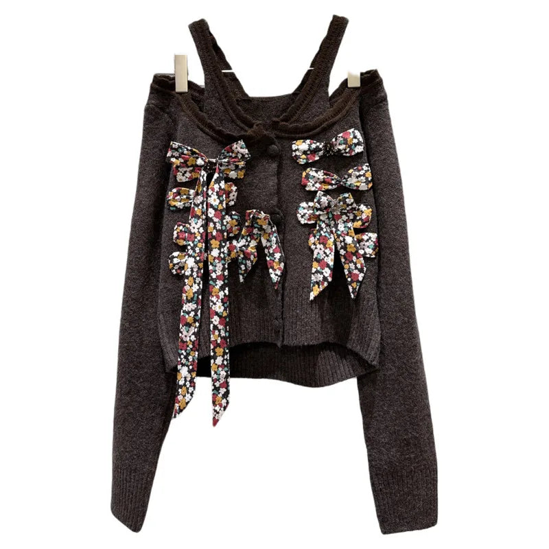 Winter New Fashion Colorful Floral Bow Tie Halter Neck Knitted Sweater For Women Versatile Pullover Female 11A07685