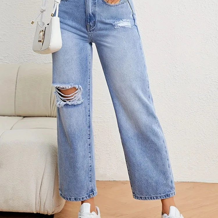 Denimcolab Women's Loose High Waist Jeans Cotton Denim With Holes Straight Leg Pants Ladies Casual Simple Solid Denim Trousers