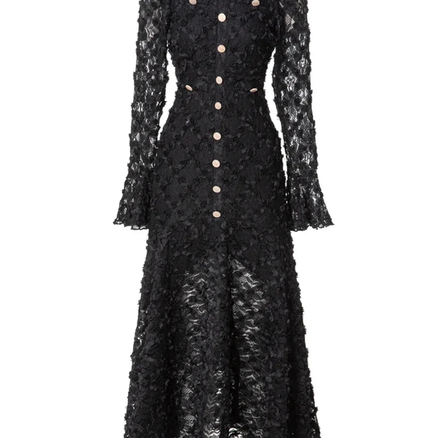 Solid Slimming Spliced Appliques Dresses for Women Round Neck Long Sleeves Patchwork Single Breasted Dress Female BLACK