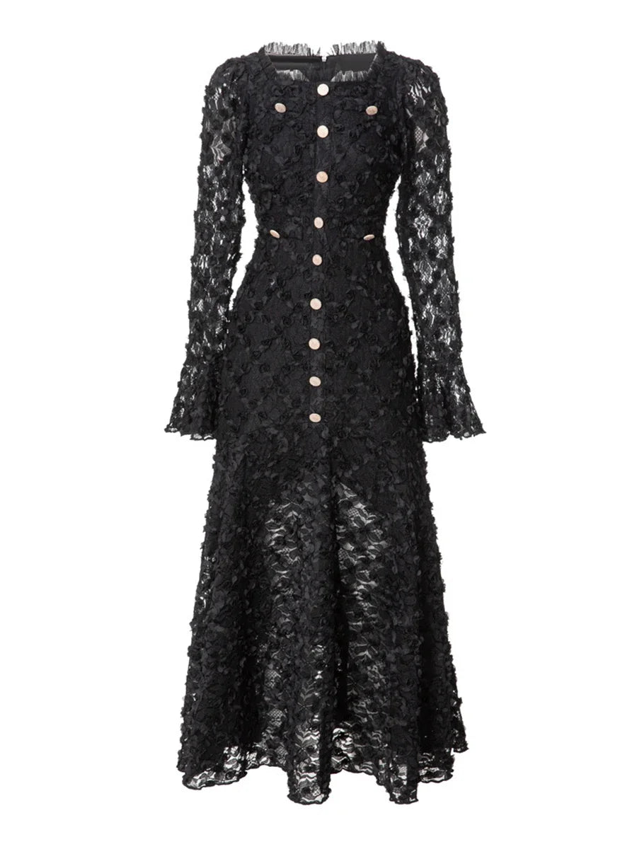 Solid Slimming Spliced Appliques Dresses for Women Round Neck Long Sleeves Patchwork Single Breasted Dress Female BLACK