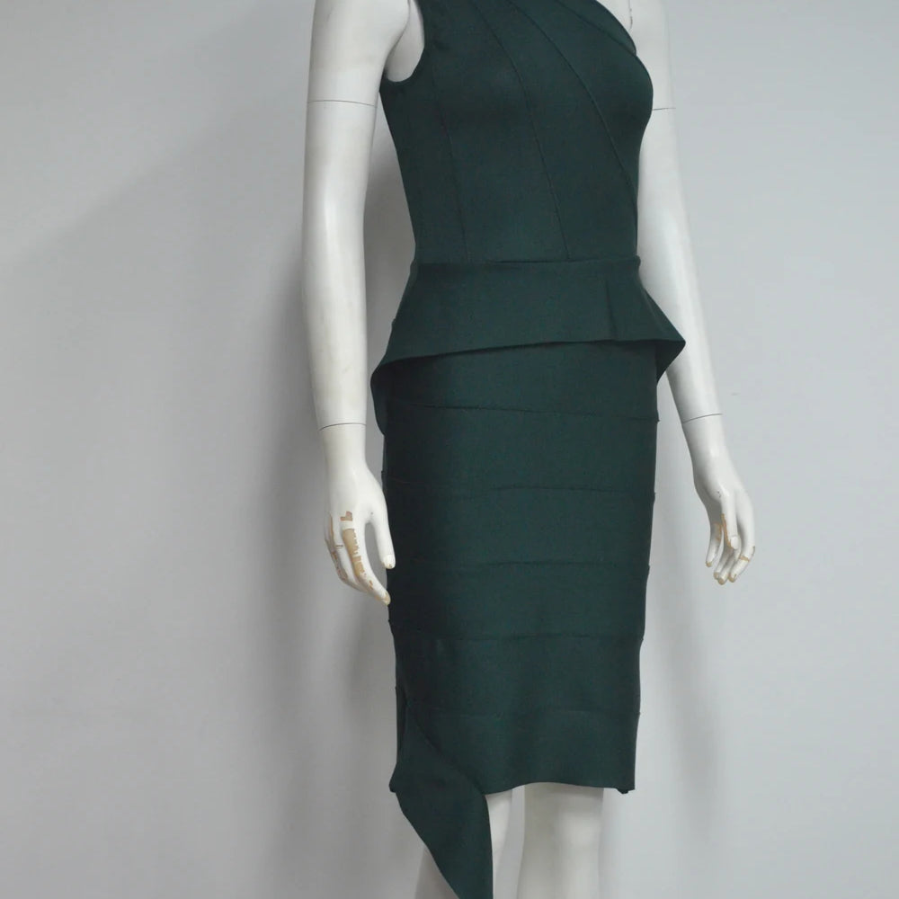 Darkgreen Color Women Sexy One Shoulder Ruffles Bodycon Mini Bandage Dress Office Lady Celebrate Evening Party Outfit Vestido