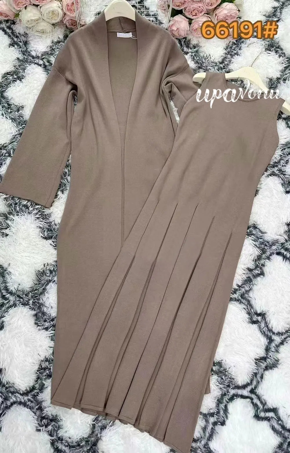 2024 Elegant Women'S Knitted Sweater Dresses Sets With Cardigan Long Jacket+Bodycon Pleated Long Knitted Dress Two-Piece Set Brown