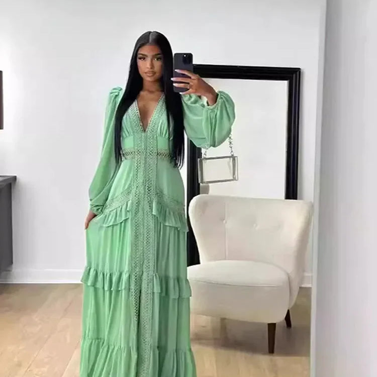 Women Elegant Layered Ruffles Patchwork Long Dress Chic V Neck Puff Full Sleeves Split Maxi Dresses Fashion Lady Party Robes Light green