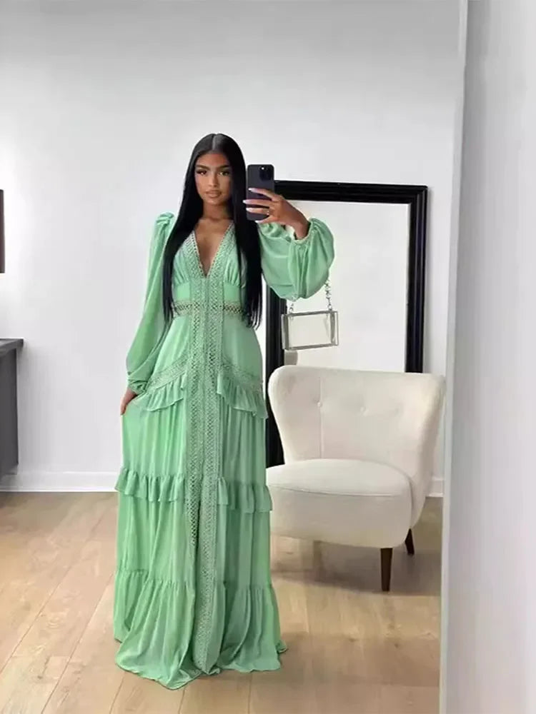 Women Elegant Layered Ruffles Patchwork Long Dress Chic V Neck Puff Full Sleeves Split Maxi Dresses Fashion Lady Party Robes Light green