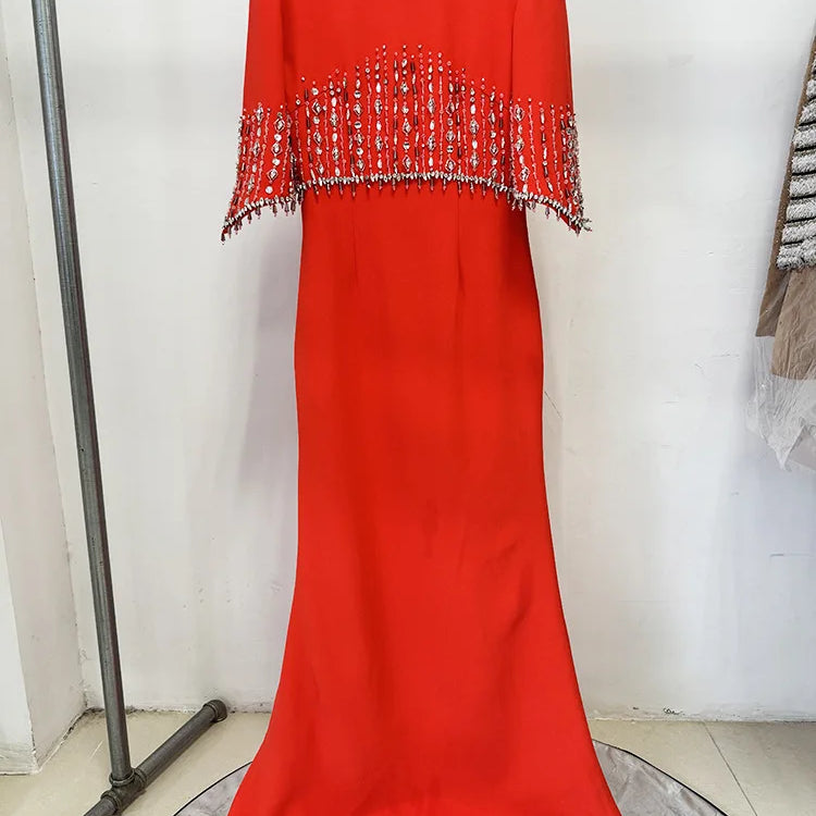 Slimming Elegant Midi Dresses for Women Round Neck Half Sleeves Patchwork Bead Luxurious Dress Female Clothing New