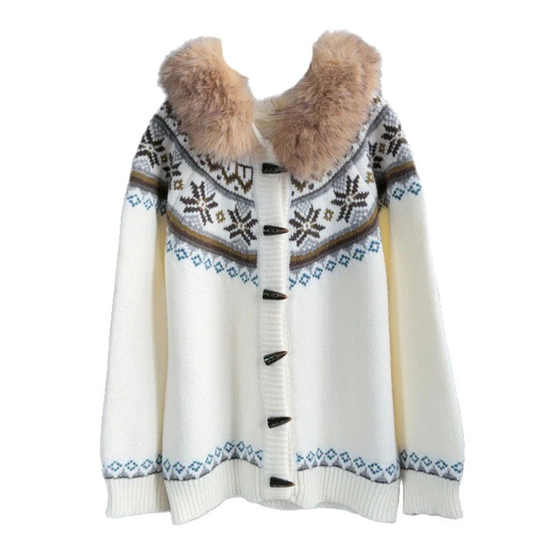 New Autumn Winter Fur Collar Hooded Sweater Coat For Women Loose Contrast Color Knitted Cardigan Female Trend 11A07546