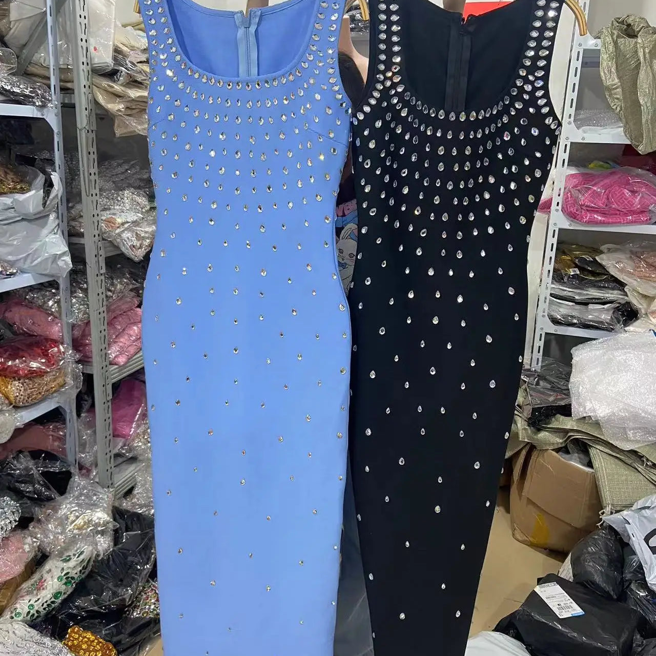 Top Quality Women Sleeveless Sexy O-Neck Shinning Crystal Bodycon Bandage Long Dress Evening Party Celebrate Cocktail Outfit