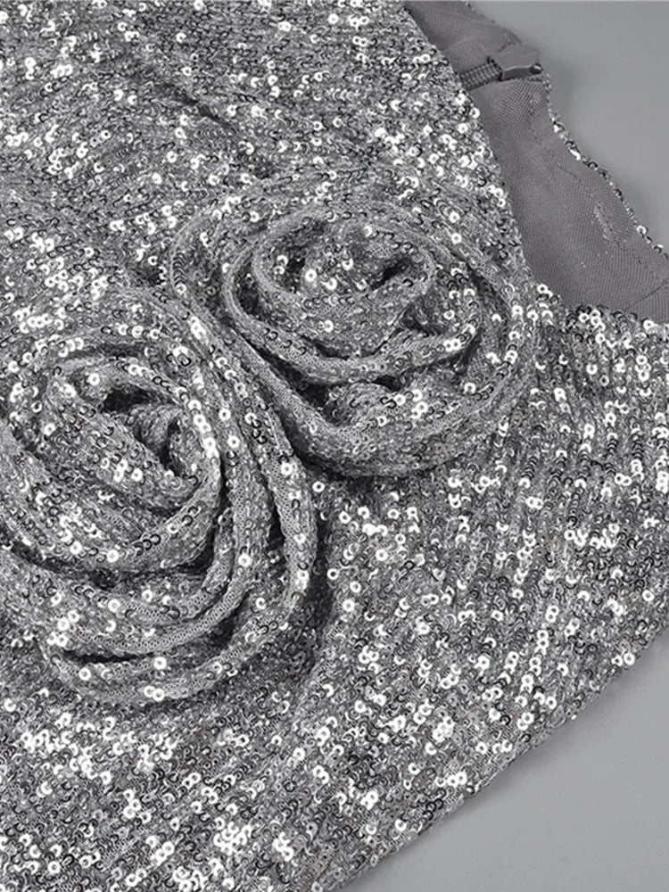 Women Mesh Sequins Flower Sparkly Silver Midi Bodycon Skirt 2024 Designer High Waist Party Office Lady Elegant Split Skirt