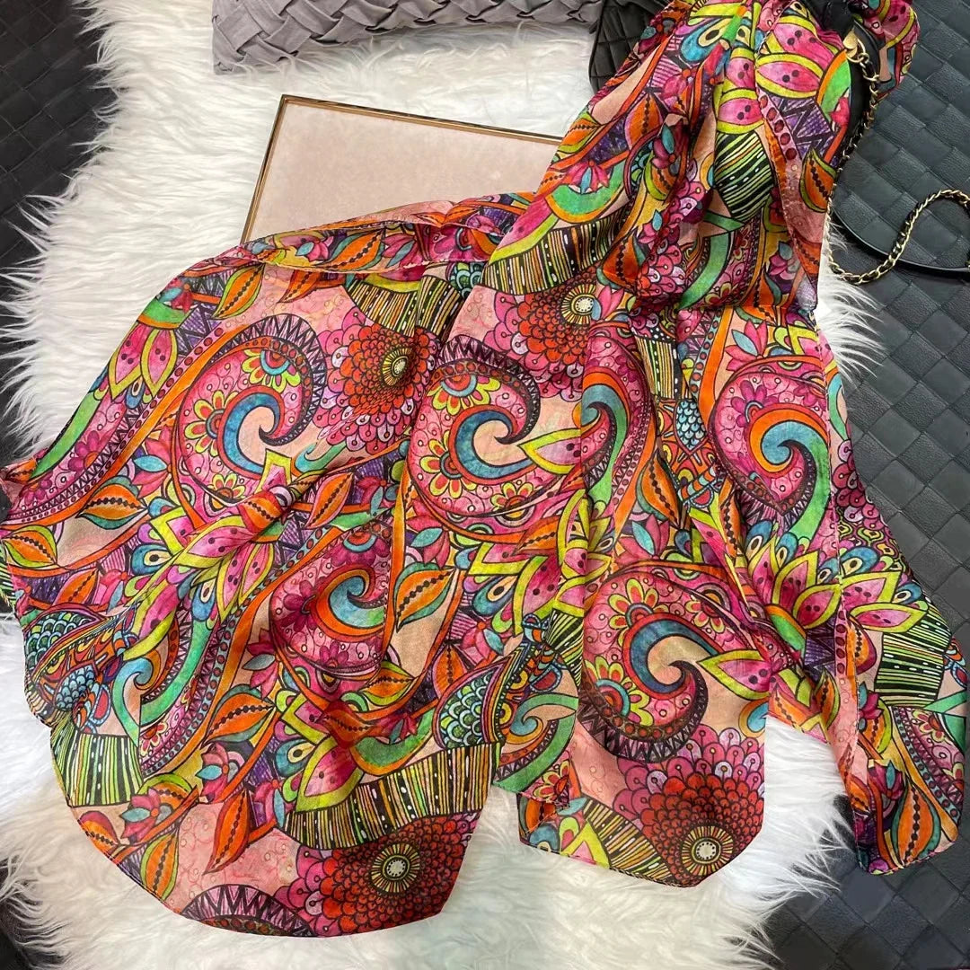 white100% Silk Scarf Women Scarves Bufandas Summer Beach Shawls Foulard Fall Winter Brand Flower Design Long Neck Scarves Hijabs red