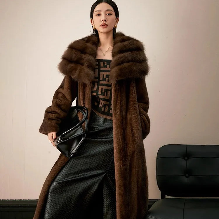 Lautaro Winter Long Luxury Elegant Thick Warm Soft Brown Faux Mink Fur Coat Women Turn-Down Collar Loose Stylish Furry Overcoat Brown