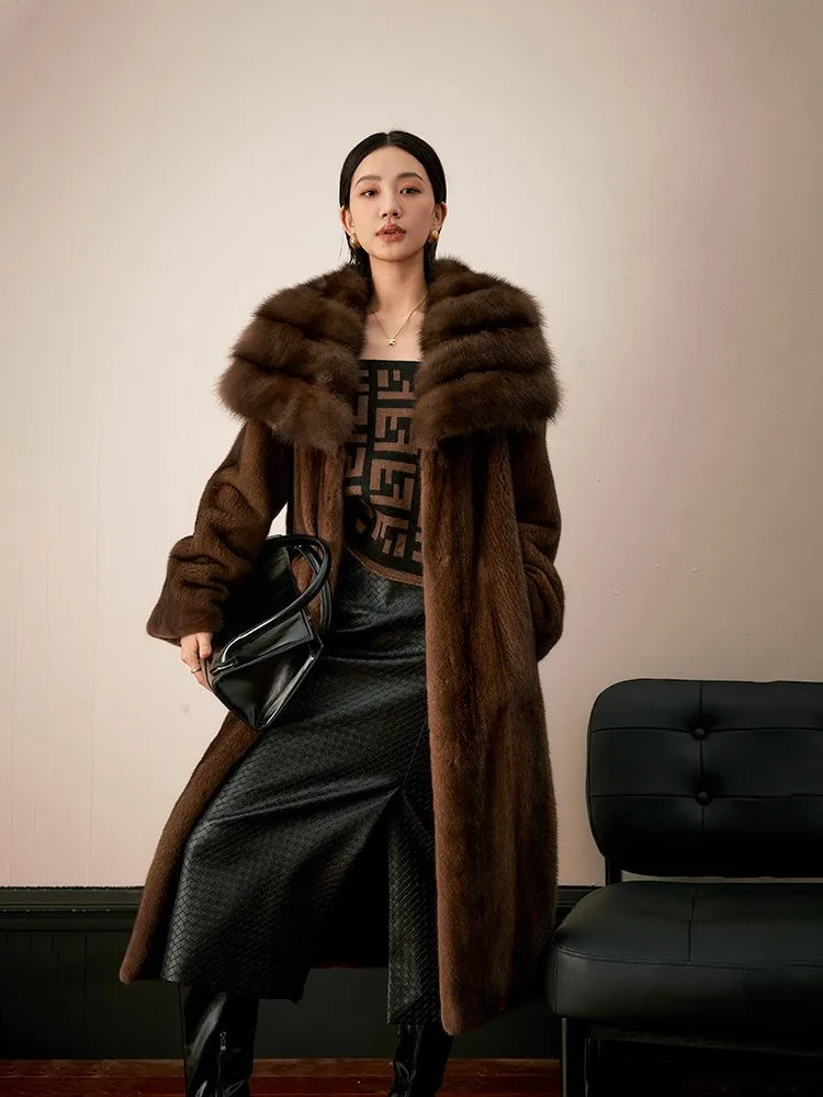 Lautaro Winter Long Luxury Elegant Thick Warm Soft Brown Faux Mink Fur Coat Women Turn-Down Collar Loose Stylish Furry Overcoat Brown