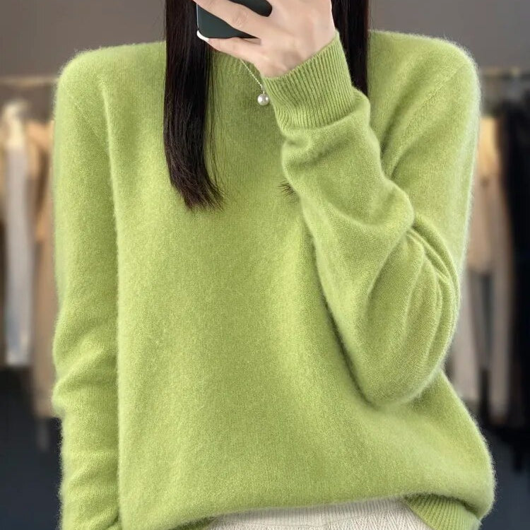 Women 100% Pure Merino Wool Knitted Sweater Autumn Winter Fashion O-Neck Top Cashmere Warm Pullover Seamless Jumper Clothes Fruit Green