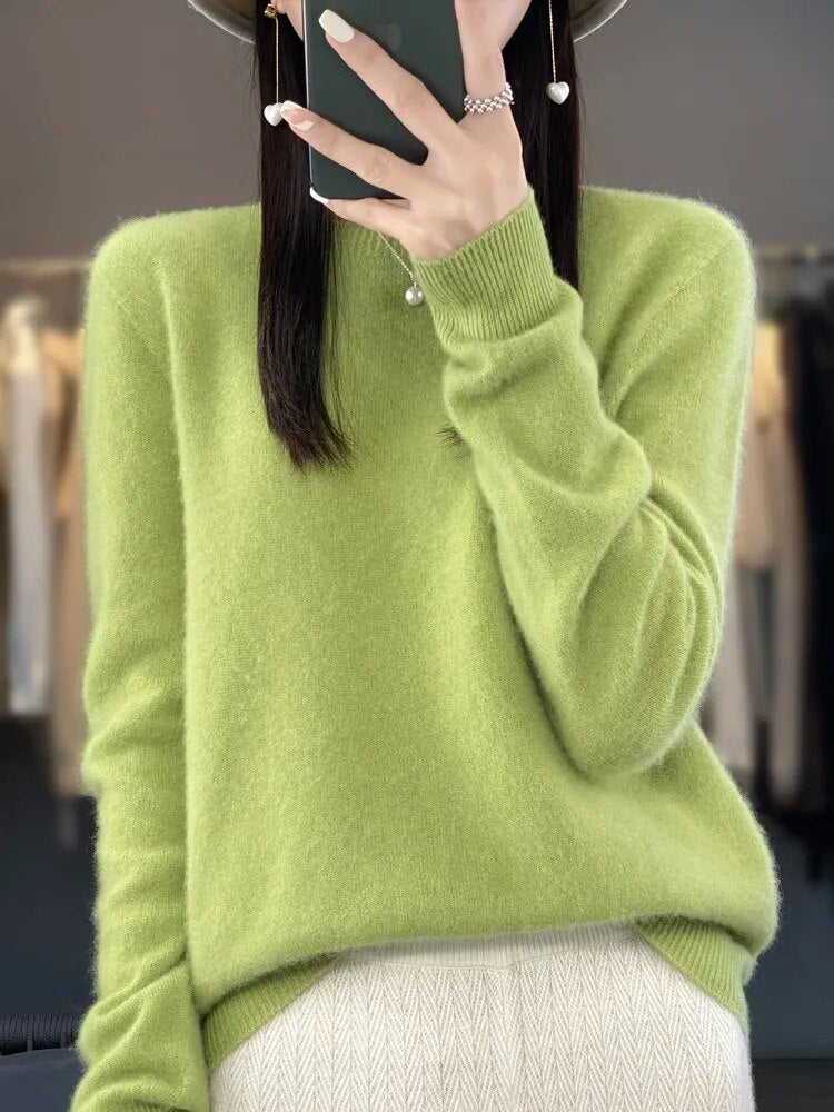 Women 100% Pure Merino Wool Knitted Sweater Autumn Winter Fashion O-Neck Top Cashmere Warm Pullover Seamless Jumper Clothes Fruit Green