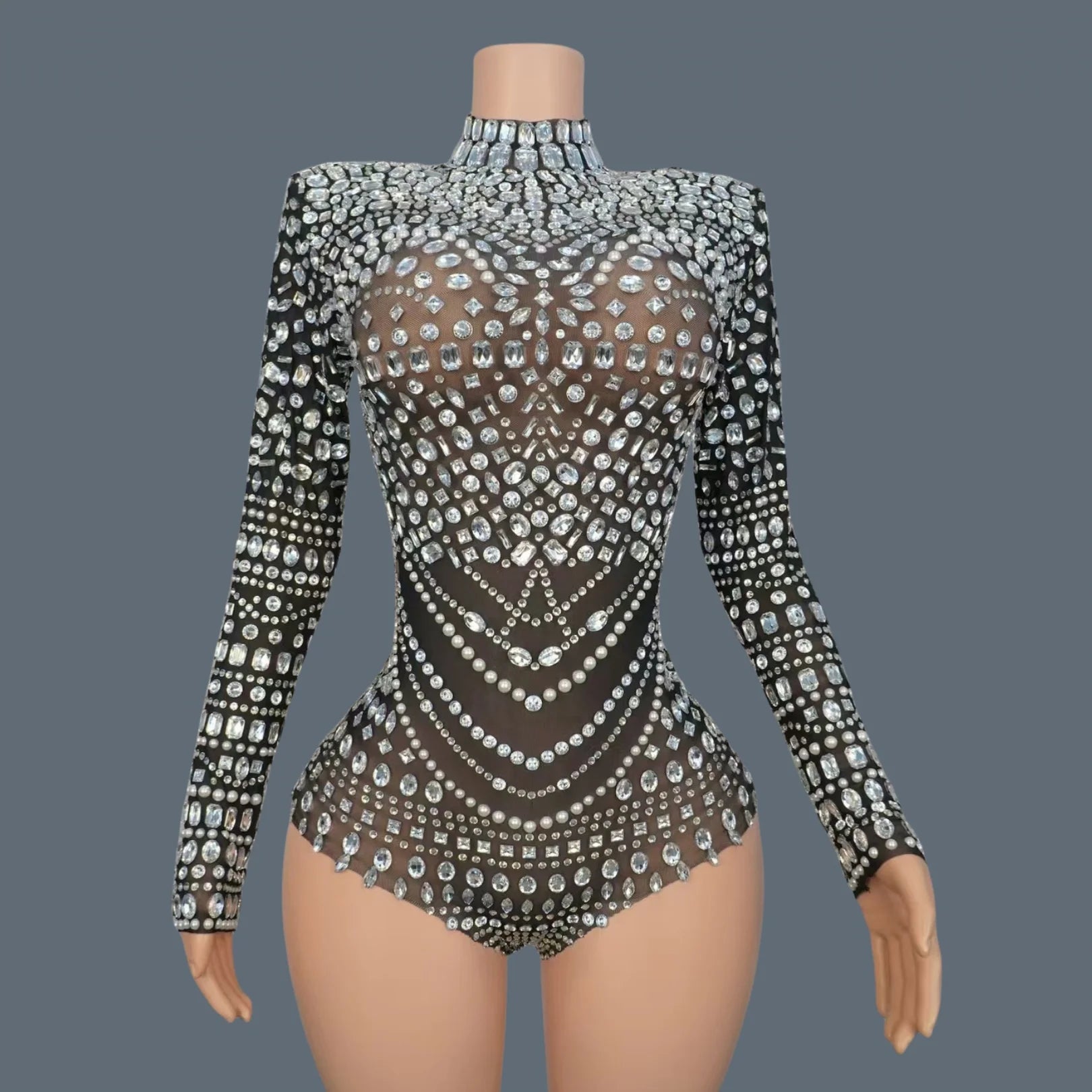 Sparkly Rhinestone Black See Through Mesh Bodysuit Women Sexy Dance Performance Wear Night Party Stage High-end Outfit Heimanba black