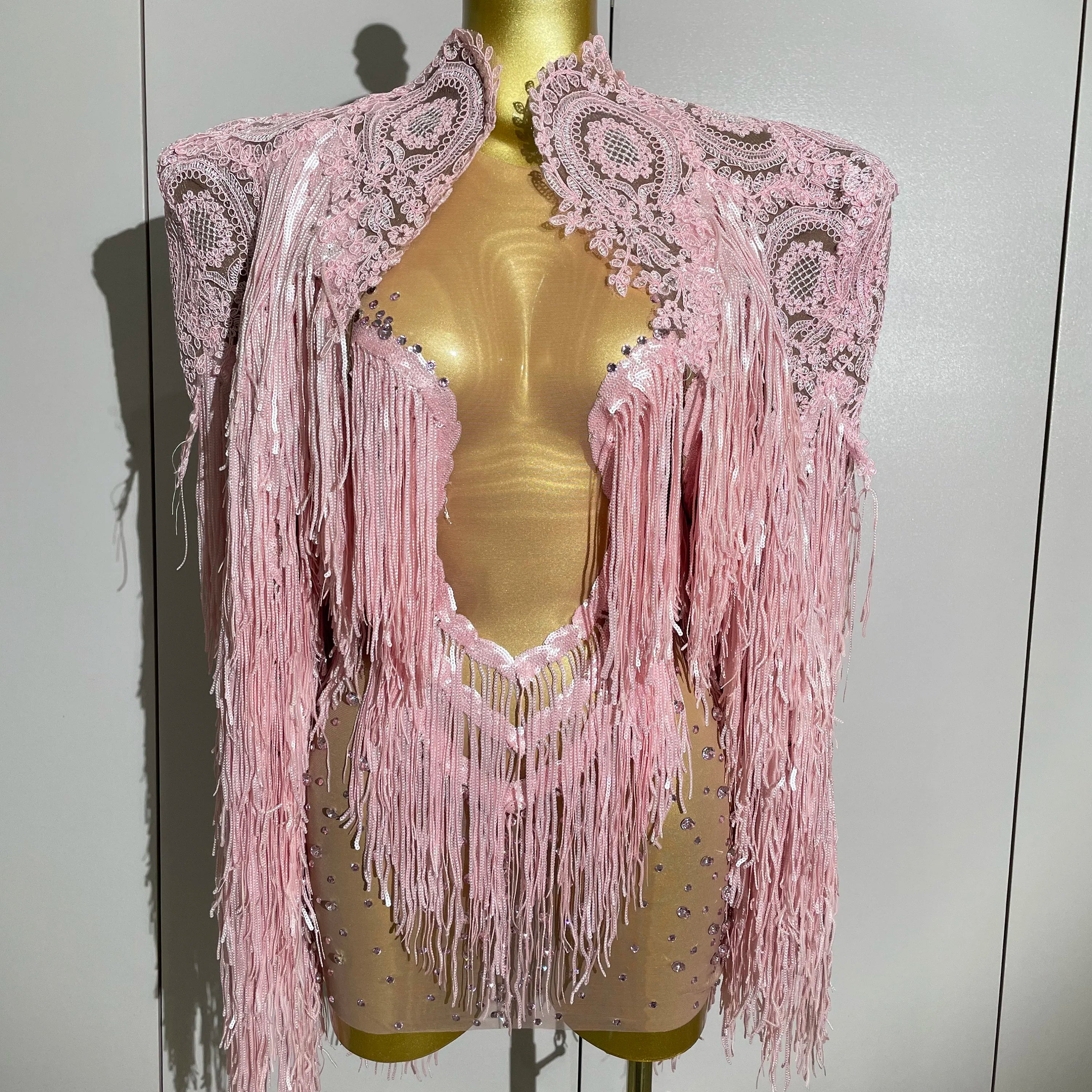 Luxury Sparkly Rhinestone Sequin Tassel Coat Skirt 2Pcs Women Birthday Party Nightclub Stage Performance Costume Pink