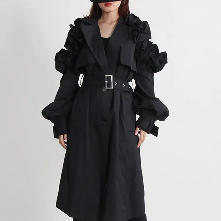 Casual Spliced Ruffles Trenches For Women Lapel Long Sleeve Patchwork Belt Vintage High Street Trench Female Style