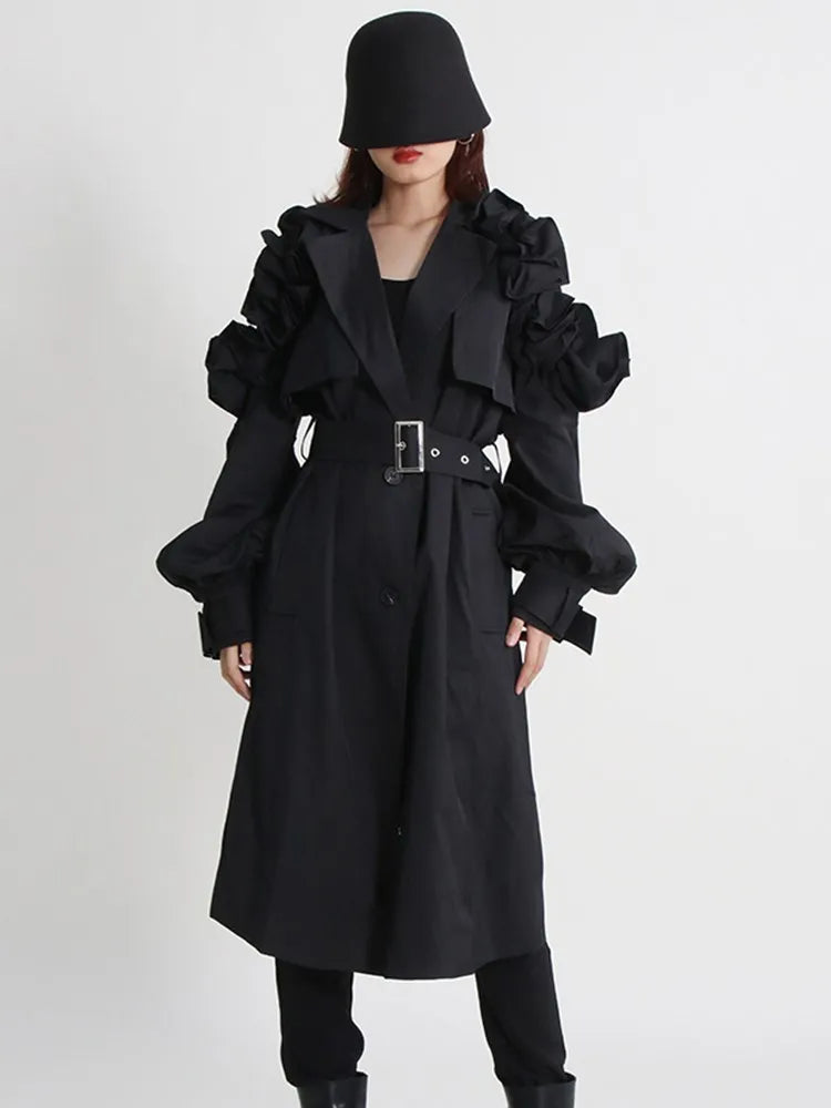 Casual Spliced Ruffles Trenches For Women Lapel Long Sleeve Patchwork Belt Vintage High Street Trench Female Style