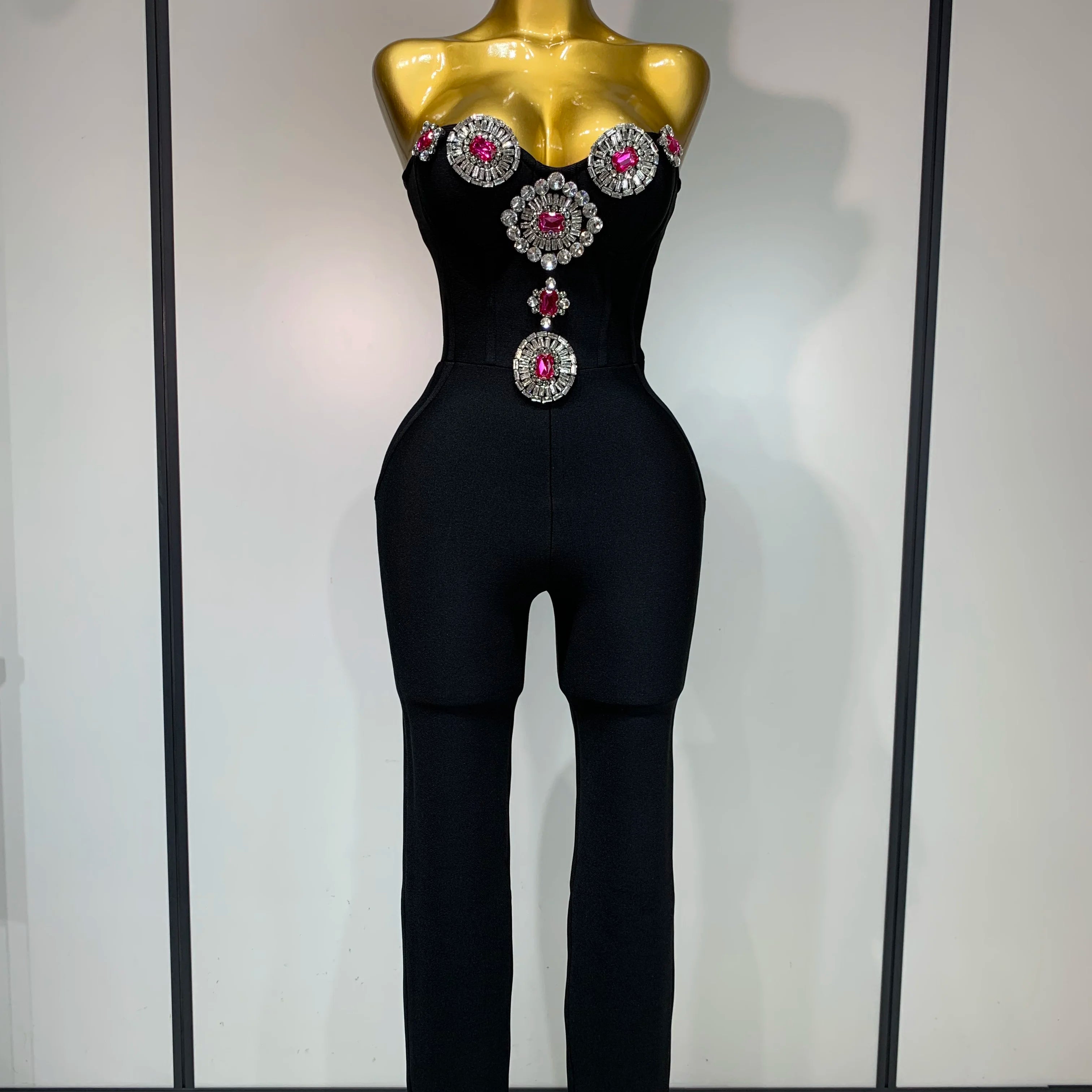 Fashion Celebrate Sparkly Rhinestone Women Sexy Strapless Bodycon Bandage Jumpsuit Runway Nightclub Party Luxury Birthday Outfit black