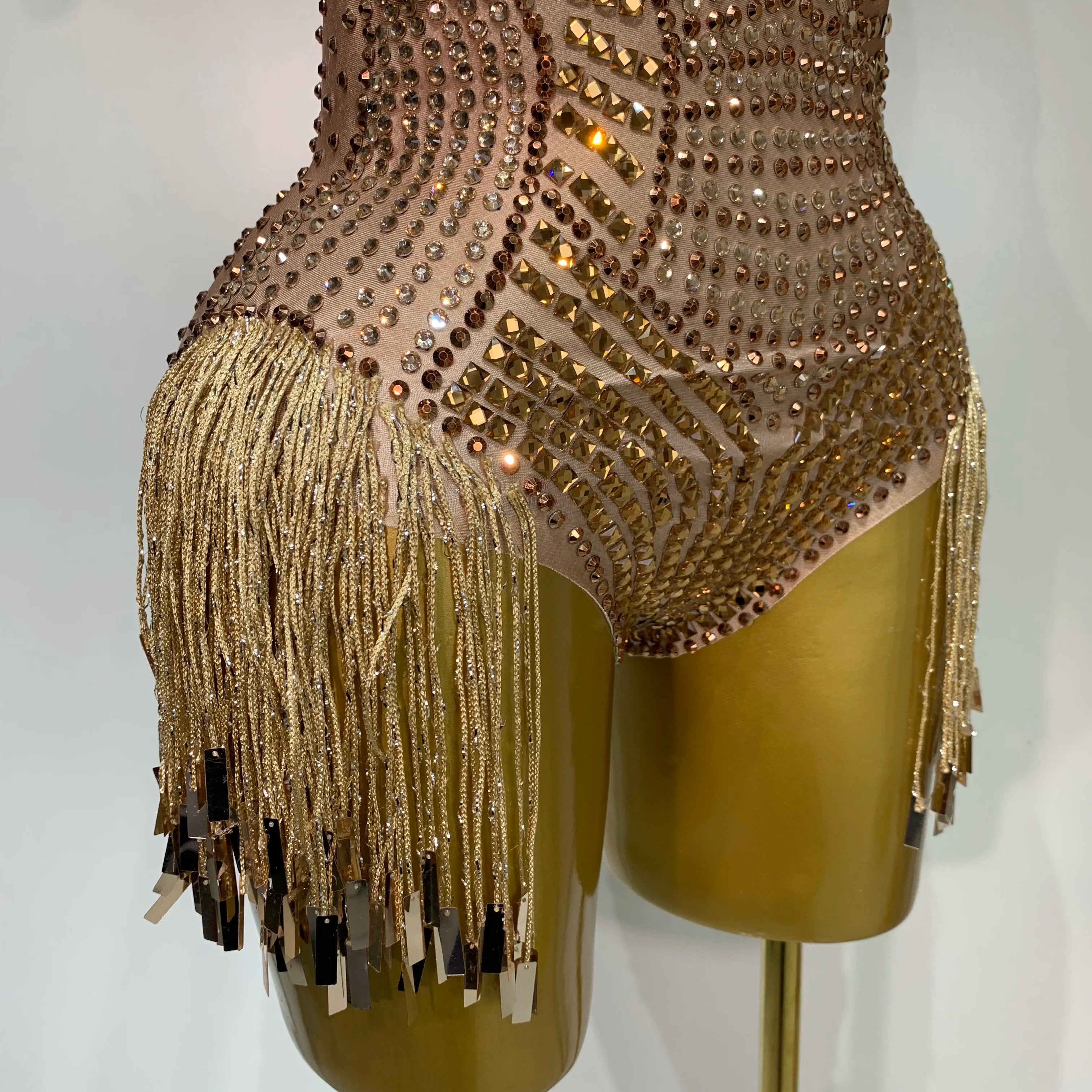 Luxury Sparkly Rhinestones Tassels Sequins Bodysuit Women Sexy Halter Backless Stage Performance Costume Club Birthday Outfit