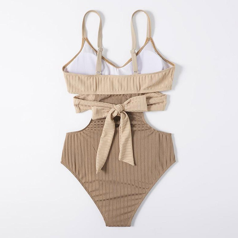 Solid Patchwork Strapped Swimwear - Sexy Hollow Push UP One Piece Swimsuit Monokini Backless Bathing Suit