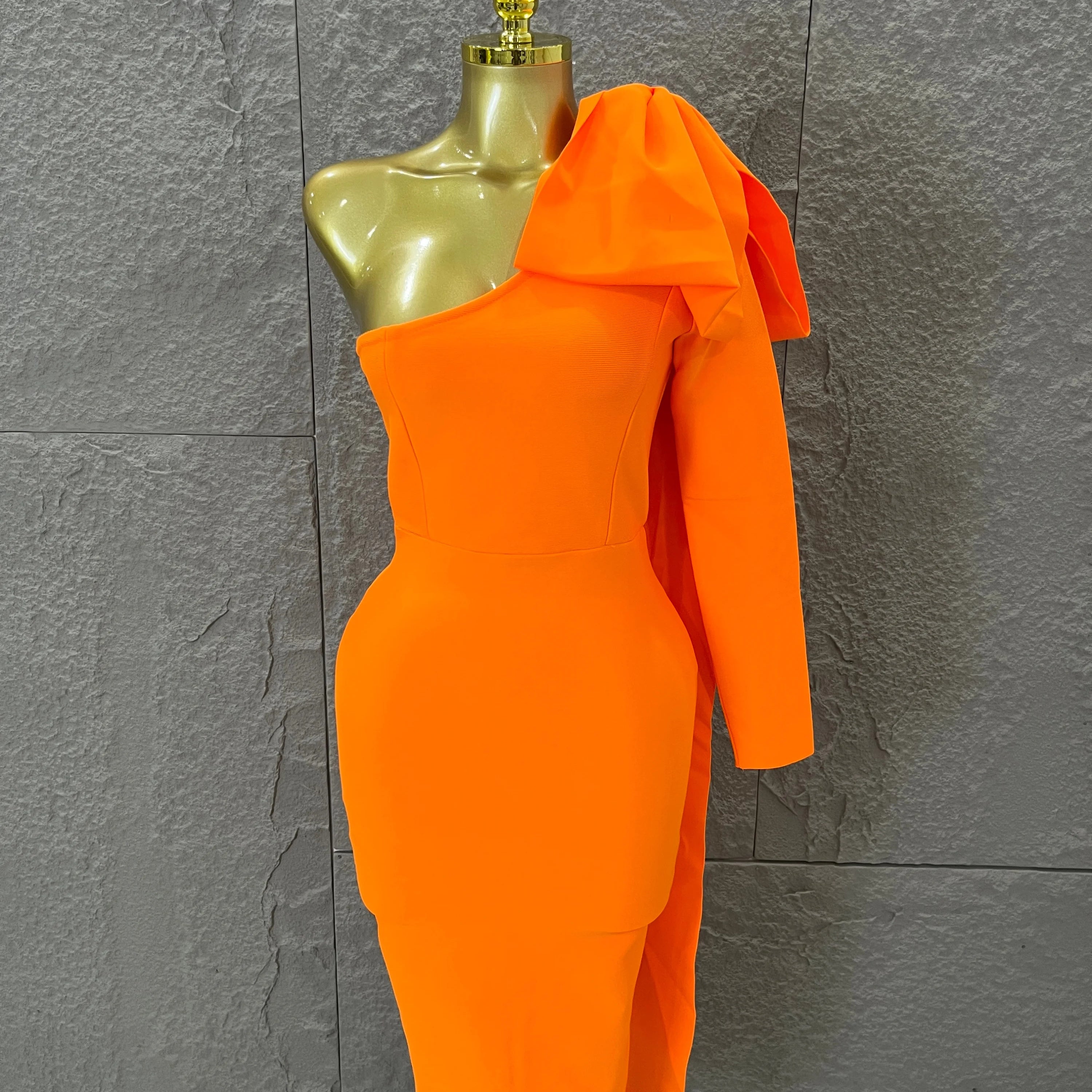 Vibrant Orange Single Sleeve Bow Shoulder Bandage Dress Slim Fit Midi Evening Birthday Nightclub Banquet Formal Dinner Outfit Orange