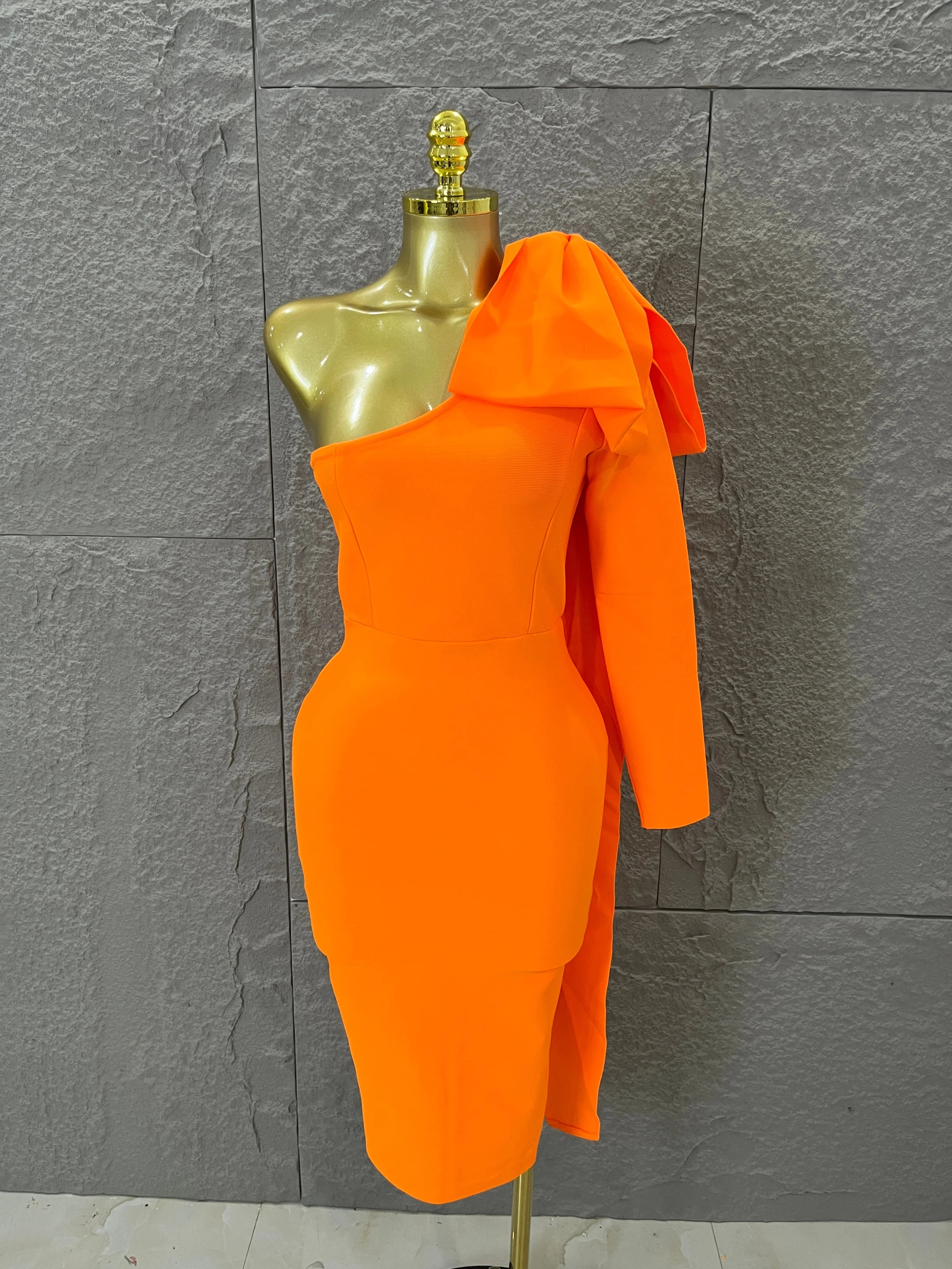 Vibrant Orange Single Sleeve Bow Shoulder Bandage Dress Slim Fit Midi Evening Birthday Nightclub Banquet Formal Dinner Outfit Orange