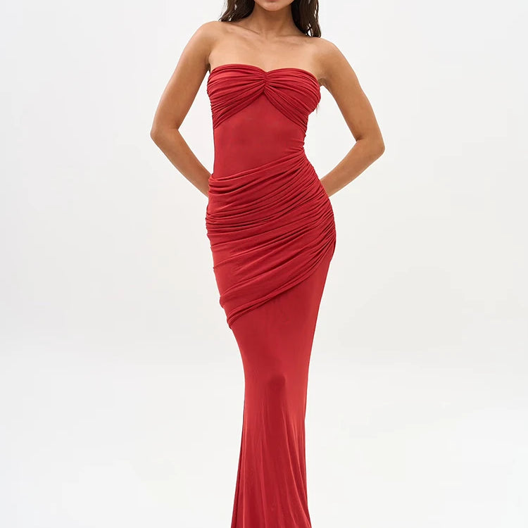 Sultry Red Sheer Mesh Strapless Backless Sleeveless Mermaid Dress Gown with Ruched Detail for Party