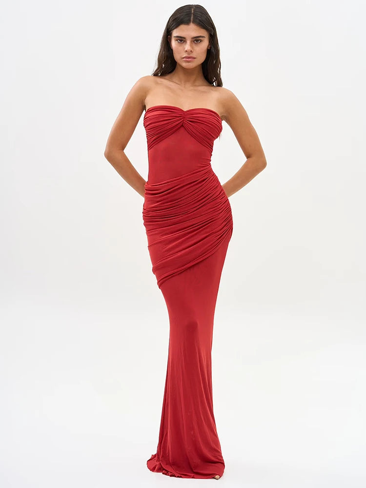 Sultry Red Sheer Mesh Strapless Backless Sleeveless Mermaid Dress Gown with Ruched Detail for Party