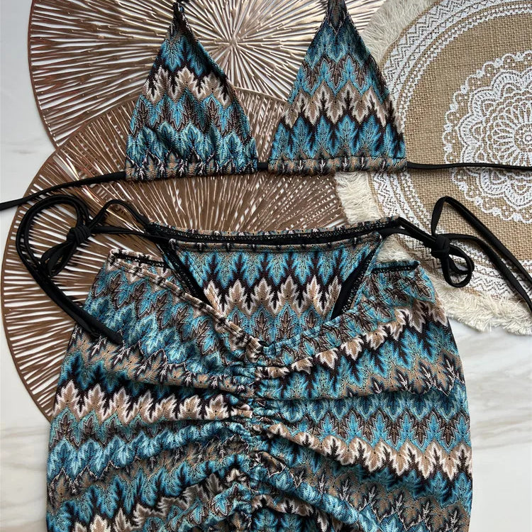 Women Swimsuit Colored Maple Leaves Knitted Bikini Skirt Three-Piece Set Split Swimsuit Bikini 4