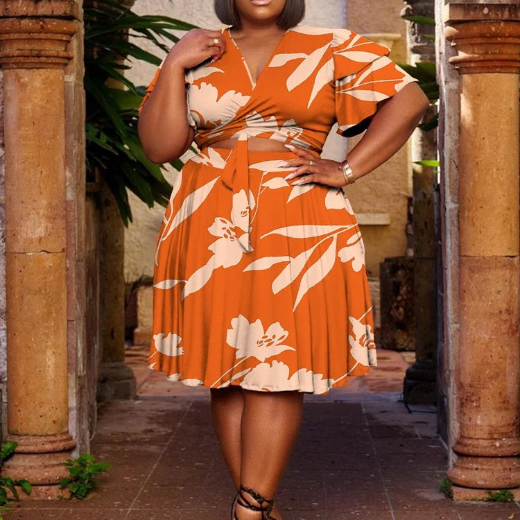 Wmstar Plus Size Shorts Sets Casual V Neck Crop Top and Short Skirts Two Piece Women Matching Outfits Wholesale Dropshipping Orange