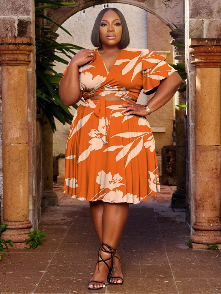 Wmstar Plus Size Shorts Sets Casual V Neck Crop Top and Short Skirts Two Piece Women Matching Outfits Wholesale Dropshipping Orange