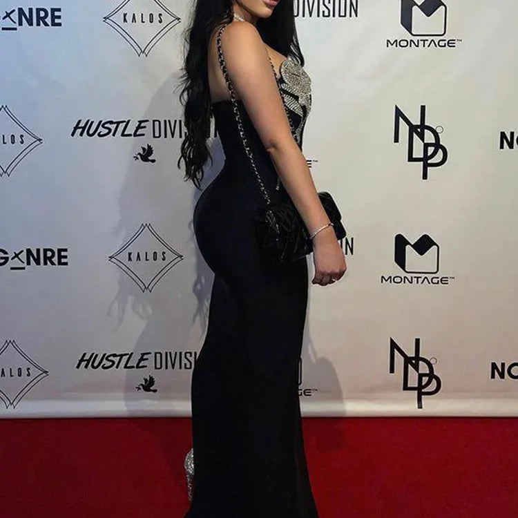 Women Sexy Bandage Dresses 2023 Summer Wrap Chest Sleeveless Bodycon Diamond Design Midi Dresses Celebrity Evening Party Vestido